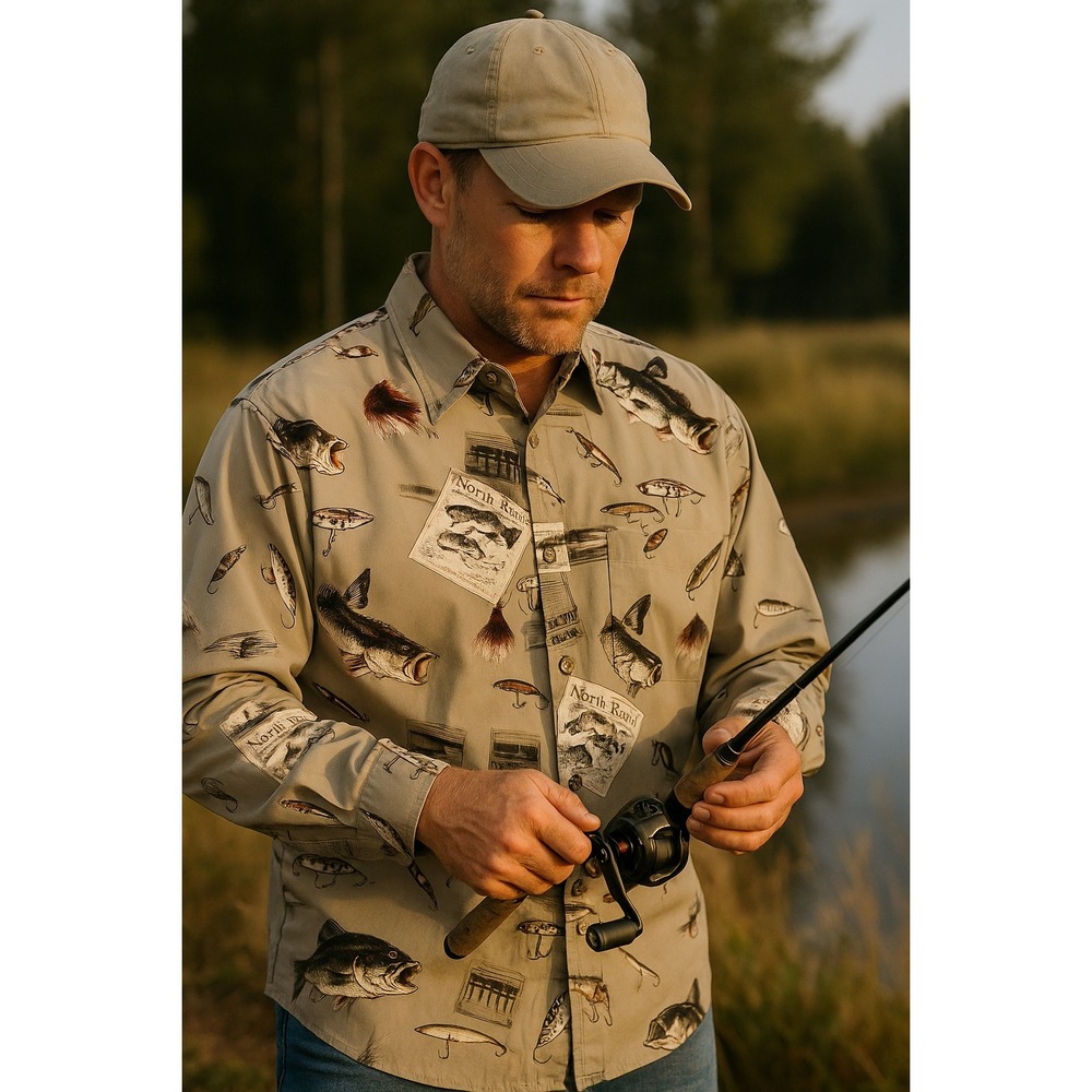 North River Outfitters Mens XL Button Front Long Sleeve Shirt Fishing Bass Print